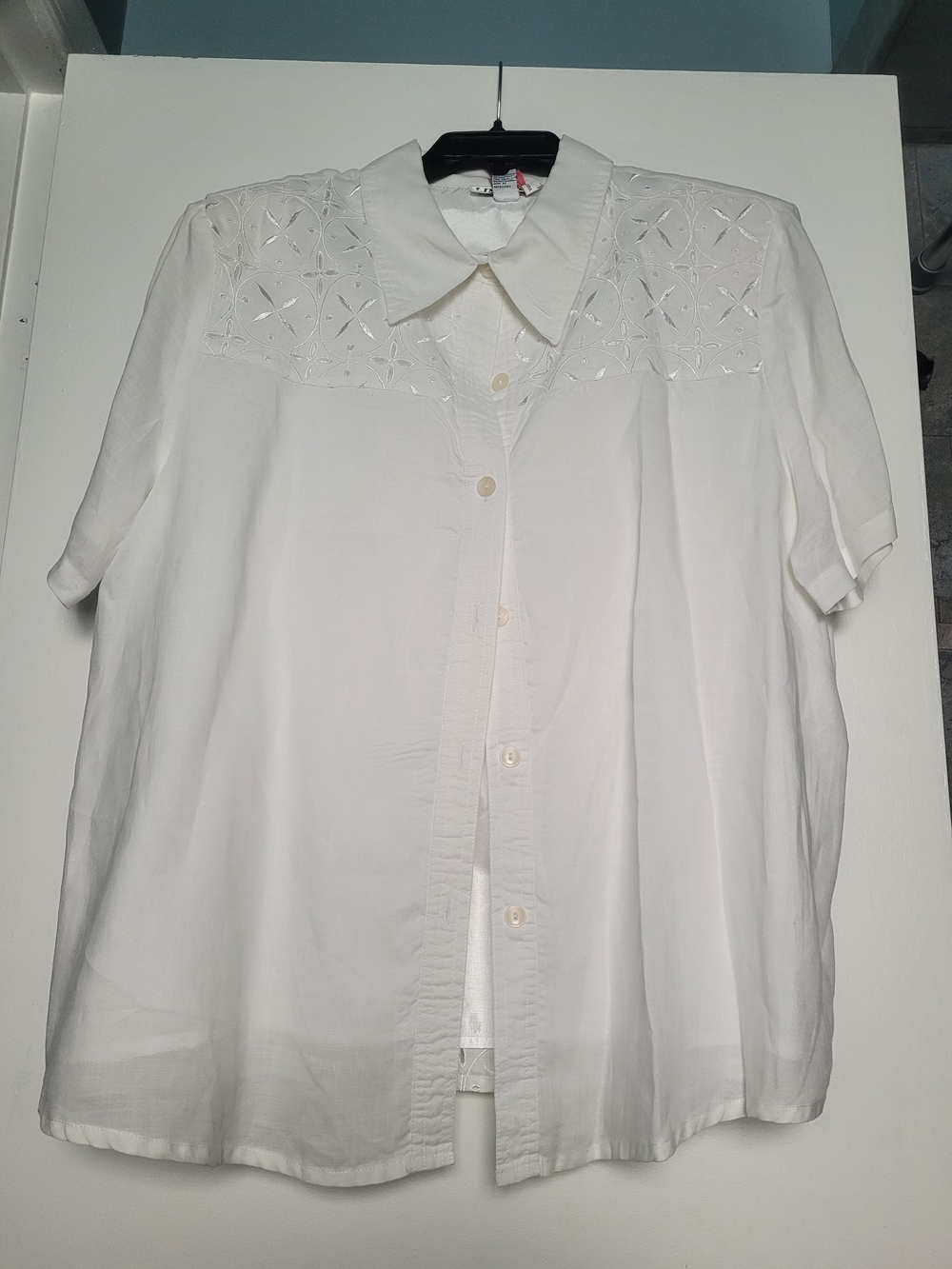 White Button-Up Blouse with Eyelet Yoke and Capri Pants Set